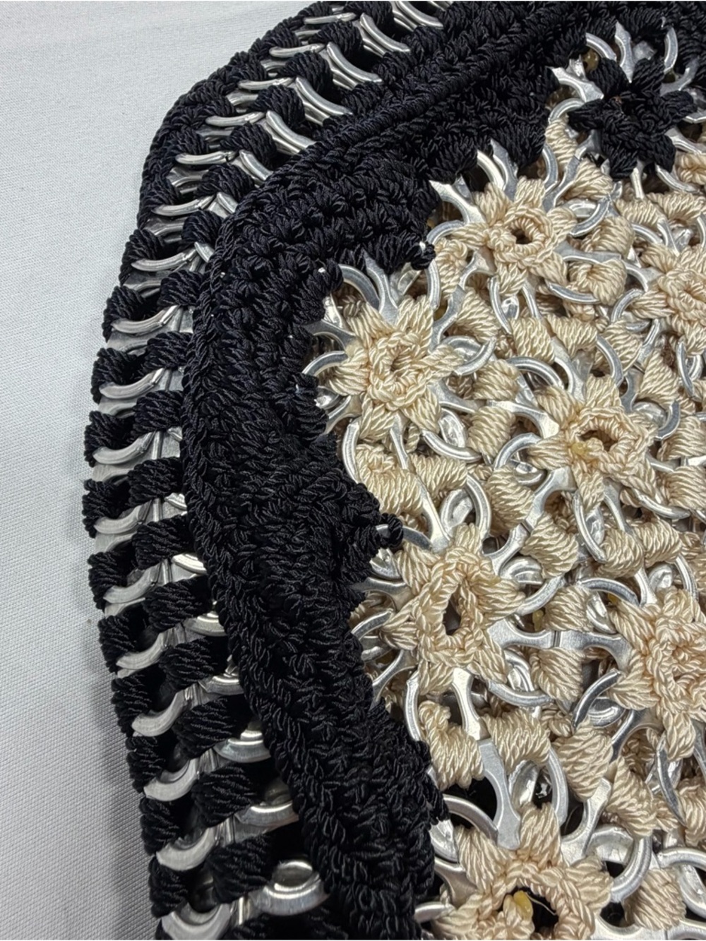 Upcycled Pop Soda Tab Crochet Shoulder Bag Black Cream Handmade Boho Festival - Picture 9 of 10
